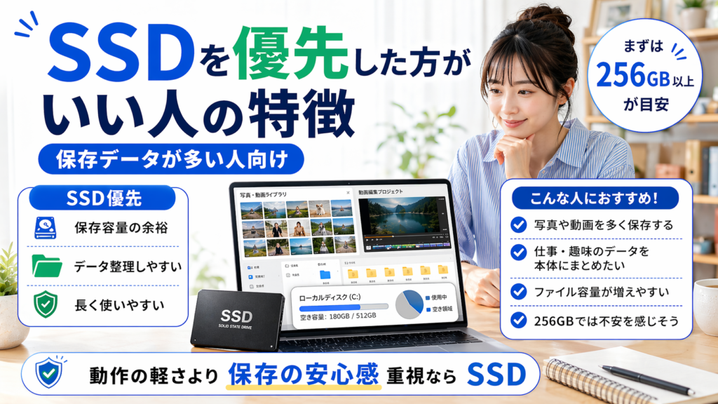 ノートPCと外付けSSDを前にした女性を中心に、SSDを優先した方がいい人の特徴を紹介し、写真・動画の保存、データの一元管理、容量不足への不安がある人向けと伝える16:9のアイキャッチ画像。