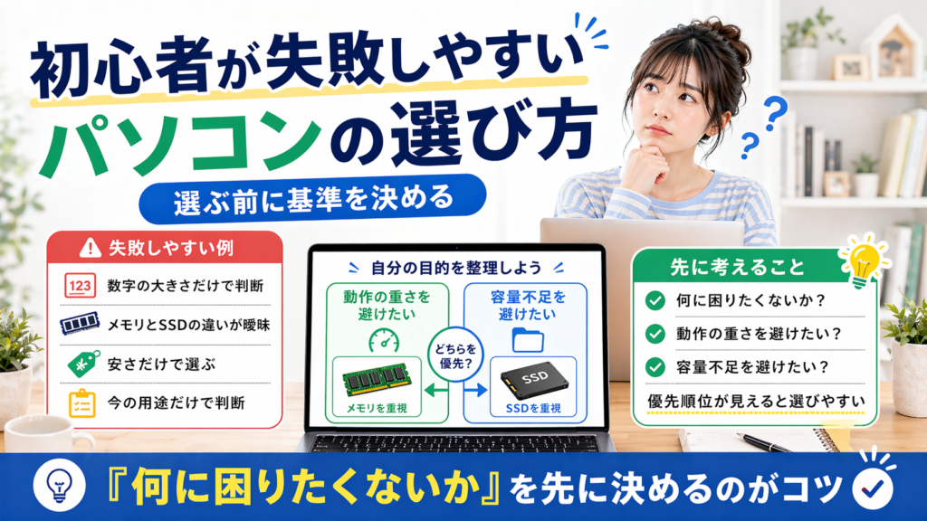 パソコン選びで失敗しやすい例と、購入前に考えるべき基準を初心者向けに整理した16:9のアイキャッチ画像。考え込む女性、失敗例の一覧、メモリ重視・SSD重視の判断図、「何に困りたくないかを先に決めるのがコツ」という要点がまとめられている。