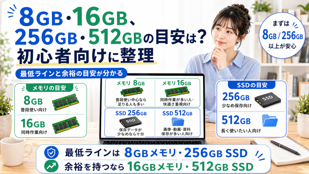 8GB・16GBのメモリと256GB・512GBのSSDの目安を初心者向けに比較し、普段使いなら8GB・256GB、余裕を持つなら16GB・512GBが目安と伝える16:9のアイキャッチ画像。
