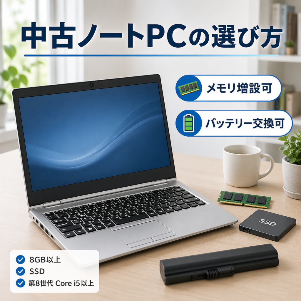 中古ノートPCの選び方を解説するアイキャッチ画像。ノートパソコンとメモリ、SSD、バッテリーを配置し、メモリ増設やバッテリー交換が可能なモデルを選ぶ重要性を示している。