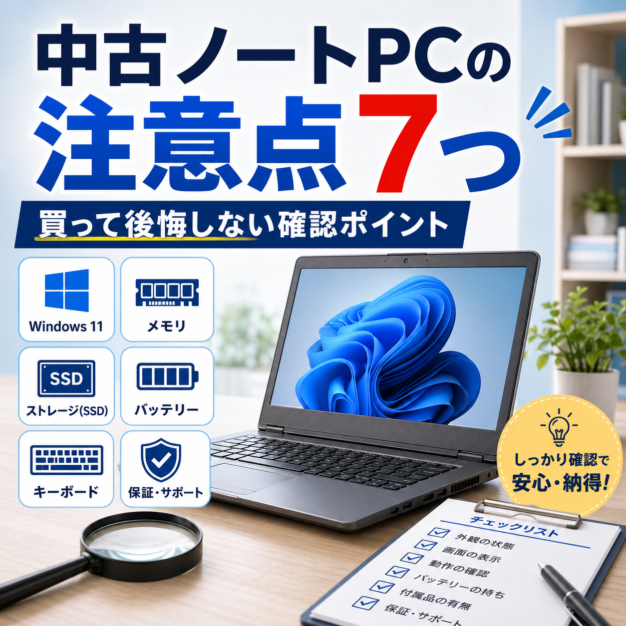 中古ノートパソコン購入時に確認すべきWindows11対応・メモリ・SSD・バッテリー・キーボード・保証などの注意点をまとめたアイキャッチ画像。