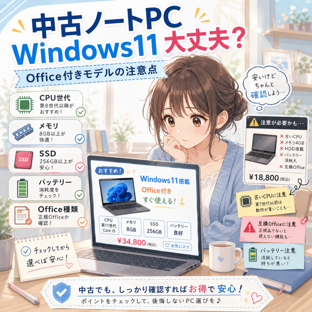 アニメ調の女性が中古ノートパソコンを見ながら、Windows11搭載・Office付き中古PCの選び方を確認しているアイキャッチ画像。CPU世代、メモリ、SSD、バッテリー、Office種類のチェック項目や、古いCPU・互換Officeへの注意点が、やさしい色合いの図解付きでわかりやすく配置されている。
