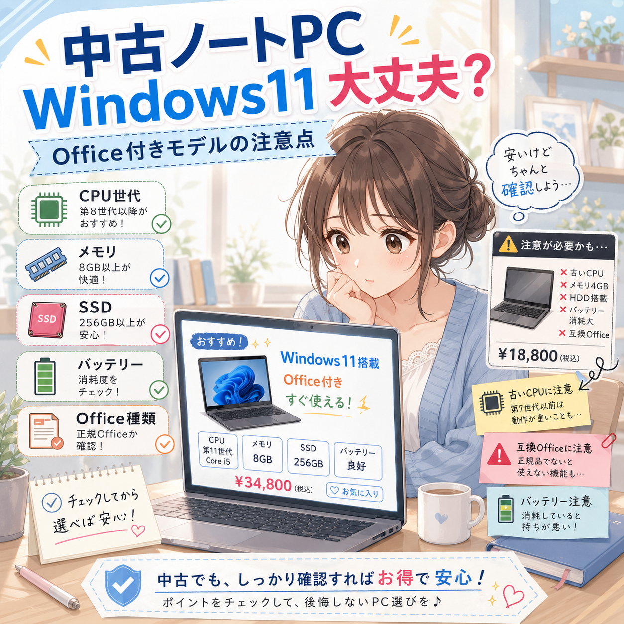 アニメ調の女性が中古ノートパソコンを見ながら、Windows11搭載・Office付き中古PCの選び方を確認しているアイキャッチ画像。CPU世代、メモリ、SSD、バッテリー、Office種類のチェック項目や、古いCPU・互換Officeへの注意点が、やさしい色合いの図解付きでわかりやすく配置されている。