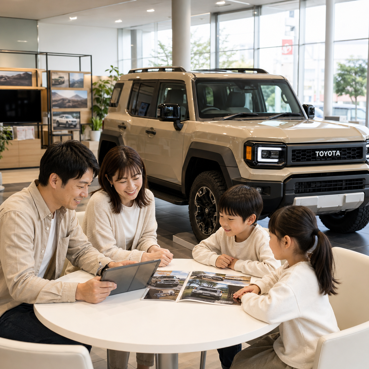 トヨタのディーラー店舗内で、展示してある ランクルFJ の側で、白く丸いテーブルを囲んで商談している日本人の4人家族をイメージした画像。
