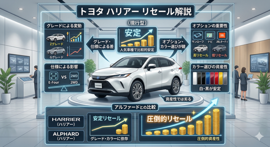 ハリアーは人気車種のためリセールは比較的安定していますが、グレードや仕様によって差が出やすい点には注意が必要です。 特にオプションやカラー選びによっては、売却時の価格に影響することもあります。 また、トヨタ アルファードのような“圧倒的リセール車種”と比べると、資産性という面ではやや劣る側面もあります。と説明している画像。