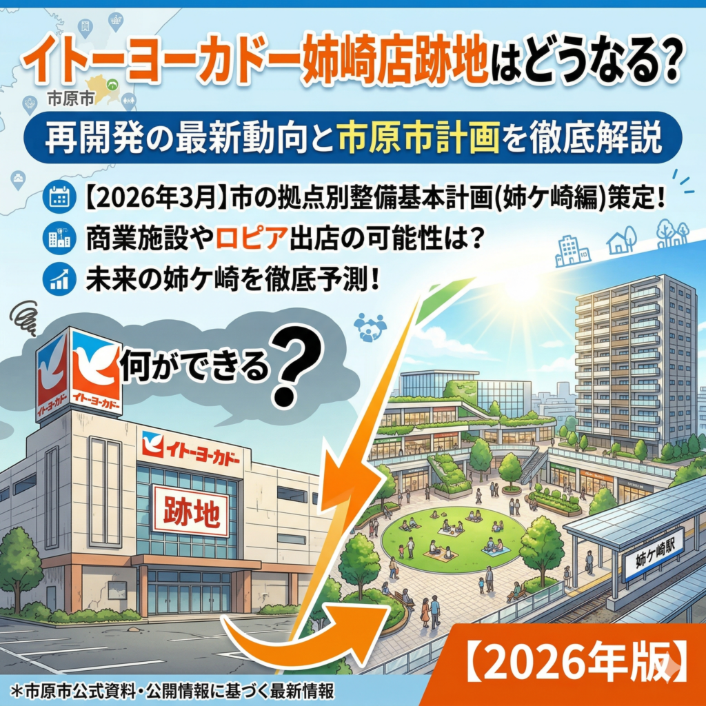 イトーヨーカドー姉崎店跡地の再開発について解説する、2026年版の記事アイキャッチ画像。  上部に大きく「イトーヨーカドー姉崎店跡地はどうなる？ 再開発の最新動向と市原市計画を徹底解説」というタイトル。
その下に、青いアイコン付きで以下のポイントが記載されている。
・【2026年3月】市の拠点別整備基本計画(姉ケ崎編)策定！
・商業施設やロピア出店の可能性は？
・未来の姉ケ崎を徹底予測！  左側には、閉店したイトーヨーカドー姉崎店の建物（旧ロゴと「跡地」の文字）と、その上に「何ができる？」という吹き出し付きの大きなクエスチョンマークが描かれている。
そこからオレンジ色の大きな矢印が、右側の明るい未来図へと繋がっている。  右側には、緑豊かな多目的広場、テラスのある複合商業施設、高層マンション、そして姉ケ崎駅のホームが描かれ、再開発後の明るい未来のイメージを表現している。人々が広場でくつろいでいる。
右下に「【2026年版】」のラベル。
左下に「*市原市公式資料・公開情報に基づく最新情報」の注釈がある。