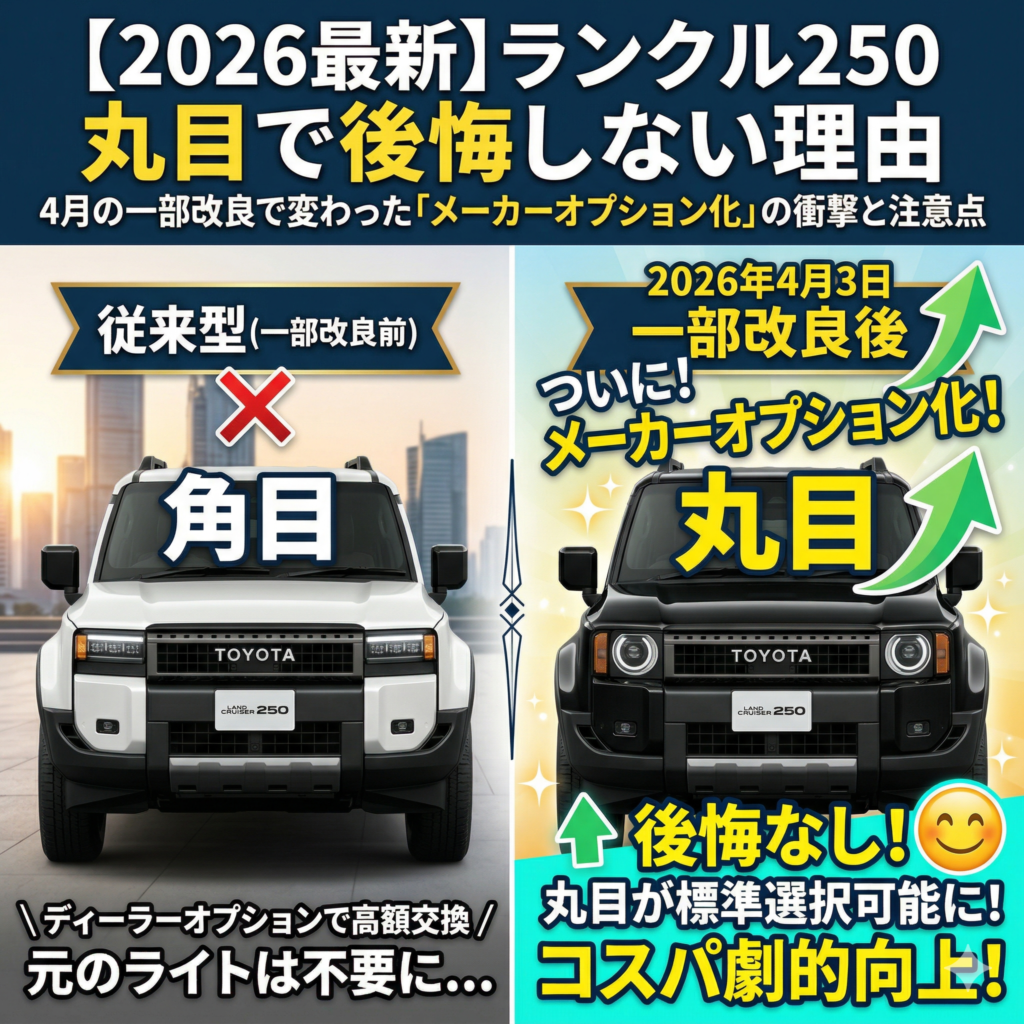 画像は左右に分割されており、上部には「【2026最新】ランクル250 丸目で後悔しない理由」「4月の一部改良で変わった「メーカーオプション化」の衝撃と注意点」という大きなタイトル文字が配置されています。  左側は「従来型（一部改良前）」として、白いボディに角型ヘッドライト（角目）を装着したランクル250のフロントビューが描かれ、大きな「✕」印と「ディーラーオプションで高額交換／元のライトは不要に…」というテキストが添えられています。  右側は「2026年4月3日 一部改良後」として、黒いボディに丸型ヘッドライト（丸目）を装着したランクル250のフロントビューがキラキラしたエフェクトとともに描かれ、「ついに！メーカーオプション化！」「後悔なし！丸目が標準選択可能に！」「コスパ劇的向上！」というテキストと、笑顔のエナジーマーク、緑色の上向き矢印が配置されています。」