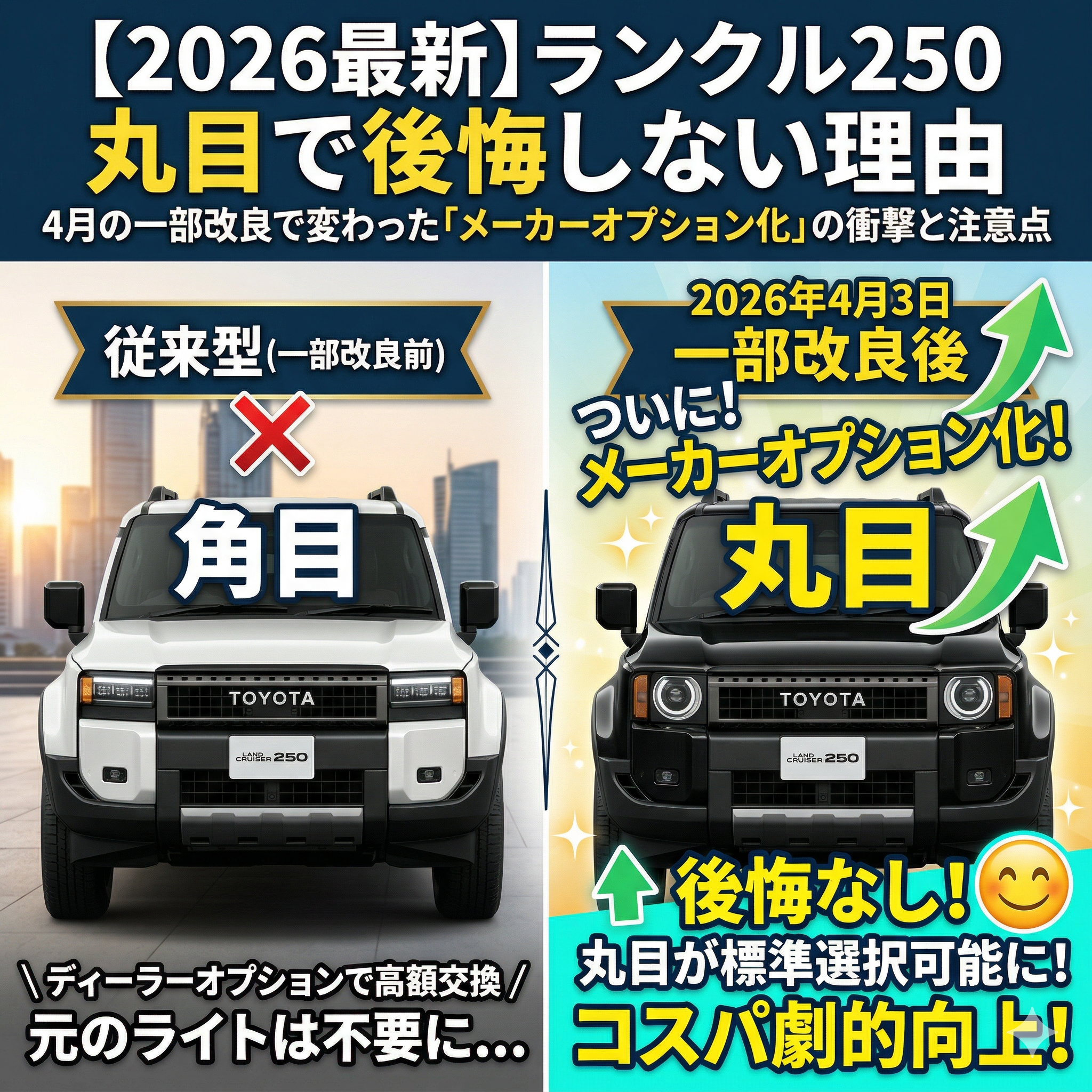 画像は左右に分割されており、上部には「【2026最新】ランクル250 丸目で後悔しない理由」「4月の一部改良で変わった「メーカーオプション化」の衝撃と注意点」という大きなタイトル文字が配置されています。 左側は「従来型（一部改良前）」として、白いボディに角型ヘッドライト（角目）を装着したランクル250のフロントビューが描かれ、大きな「✕」印と「ディーラーオプションで高額交換／元のライトは不要に…」というテキストが添えられています。 右側は「2026年4月3日 一部改良後」として、黒いボディに丸型ヘッドライト（丸目）を装着したランクル250のフロントビューがキラキラしたエフェクトとともに描かれ、「ついに！メーカーオプション化！」「後悔なし！丸目が標準選択可能に！」「コスパ劇的向上！」というテキストと、笑顔のエナジーマーク、緑色の上向き矢印が配置されています。」
