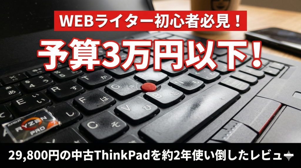 現在メインで使っている中古のThinkPad X395の画像。予算3万円以下、29800円の中古Thinkipadを約使い倒したレビューと書いてある。