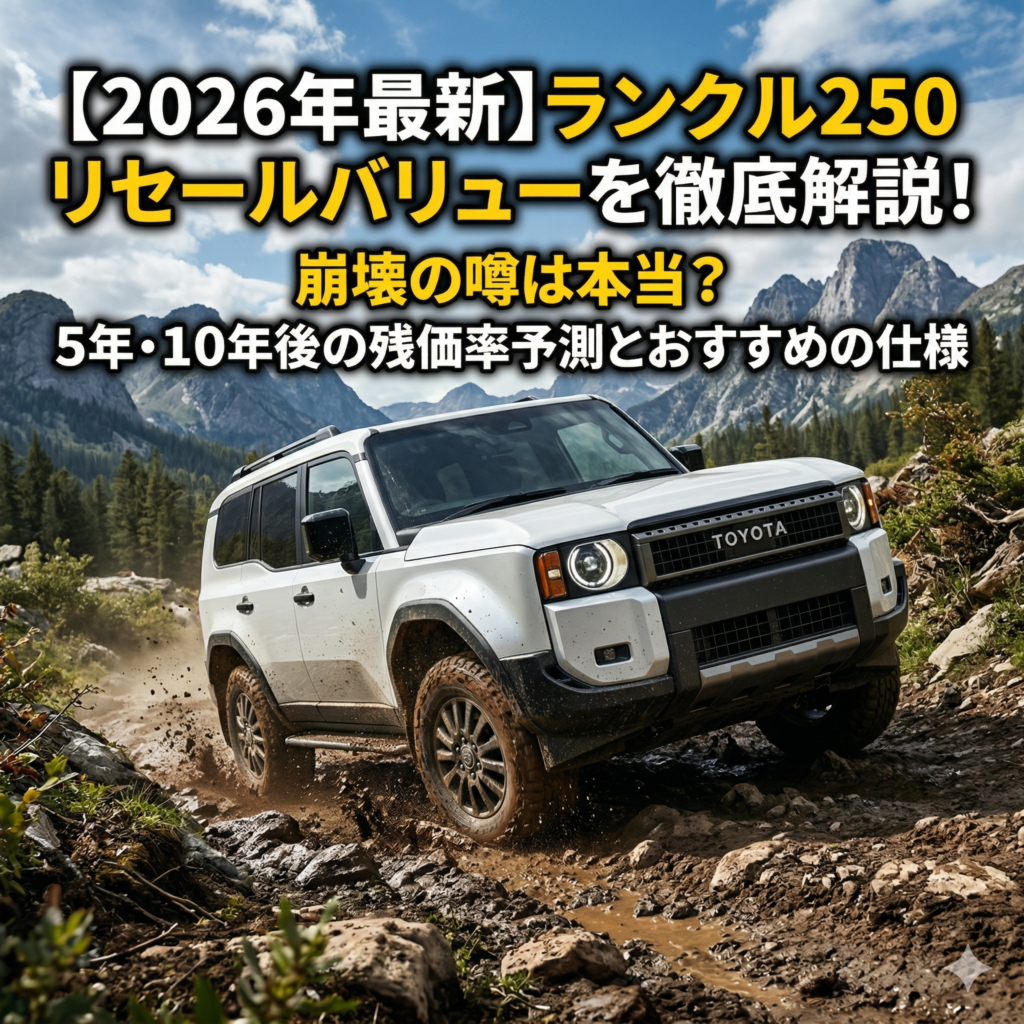 悪路を力強く走行する丸目ヘッドライトのトヨタ ランドクルーザー250（プラチナホワイトパールマイカ）の画像。上部には、記事タイトルである「【2026年最新】ランクル250 リセールバリューを徹底解説！ 崩壊の噂は本当？ 5年・10年後の残価率予測とおすすめの仕様」のテキストが重なっています。