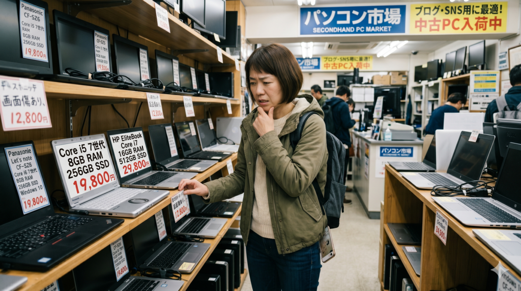 8GB/256GBで迷う読者向け。ノートPCを見ながら悩んでいるイメージ画像