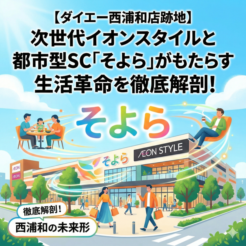 記事タイトル「【ダイエー西浦和店跡地】次世代イオンスタイルと都市型SC「そよら」がもたらす生活革命を徹底解剖!」の内容を視覚化し、「そよら」での豊かな生活イメージをカラフルなイラストで表現した画像