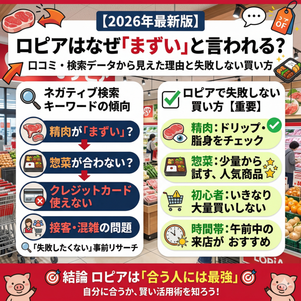 スーパーマーケット「ロピア」に関するブログ記事のアイキャッチ画像。左側には「ネガティブ検索キーワードの傾向(肉、惣菜、クレジットカード、接客・混雑)」、右側には「失敗しない買い方(肉のチェック、少量から試す、大量買い注意、午前中の来店)」が説明されており、下部に「結論 ロピアは「合う人には最強」」というメッセージがある。
