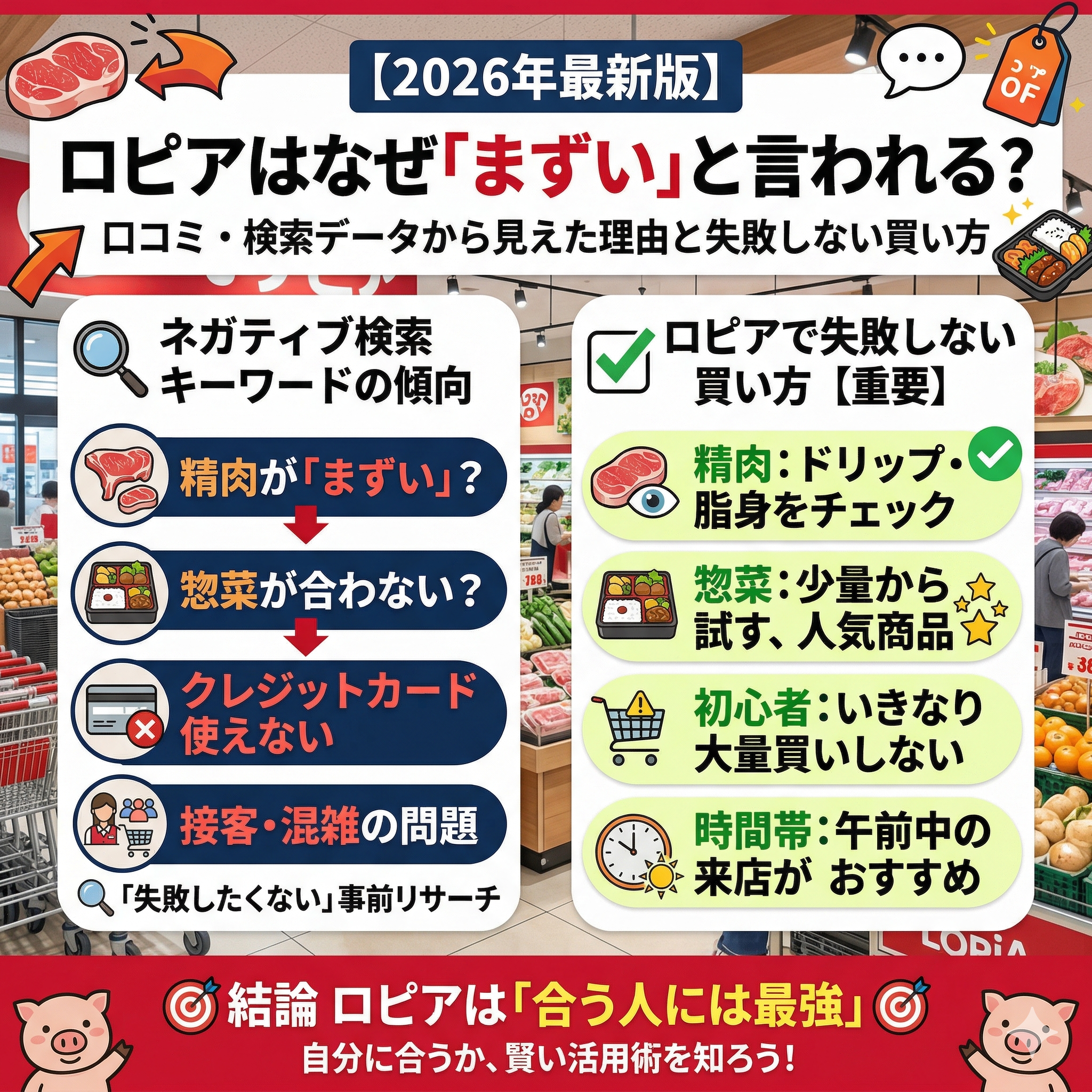 スーパーマーケット「ロピア」に関するブログ記事のアイキャッチ画像。左側には「ネガティブ検索キーワードの傾向（肉、惣菜、クレジットカード、接客・混雑）」、右側には「失敗しない買い方（肉のチェック、少量から試す、大量買い注意、午前中の来店）」が説明されており、下部に「結論 ロピアは「合う人には最強」」というメッセージがある。