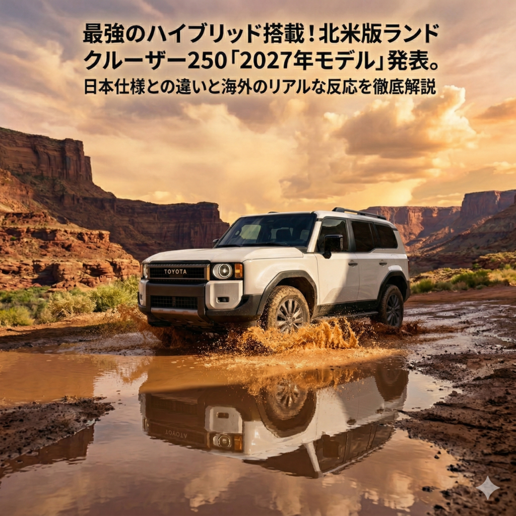 日没時の峡谷の泥道を走る白のトヨタ ランドクルーザー 250。上部に日本語で「最強のハイブリッド搭載！北米版ランドクルーザー250「2027年モデル」発表。日本仕様との違いと海外のリアルな反応を徹底解説」のテキスト。