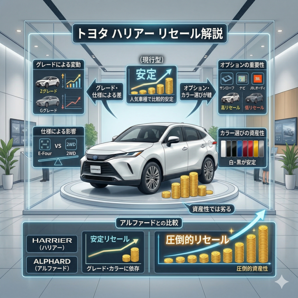 ハリアーは人気車種のためリセールは比較的安定していますが、グレードや仕様によって差が出やすい点には注意が必要です。  特にオプションやカラー選びによっては、売却時の価格に影響することもあります。  また、トヨタ アルファードのような“圧倒的リセール車種”と比べると、資産性という面ではやや劣る側面もあります。と説明している画像。