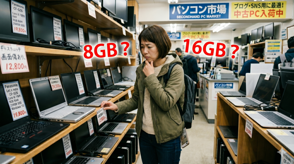 店舗でノートパソコンを見ている女性が、8Gb？16GB？どちらにしようか迷っている様子。