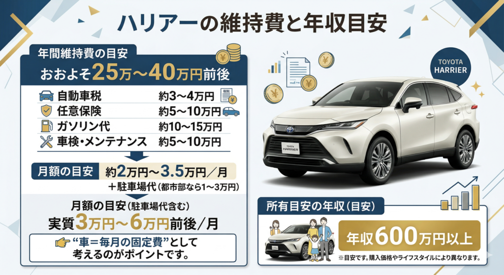 ハリアーの維持費と年収目安を解説している画像。