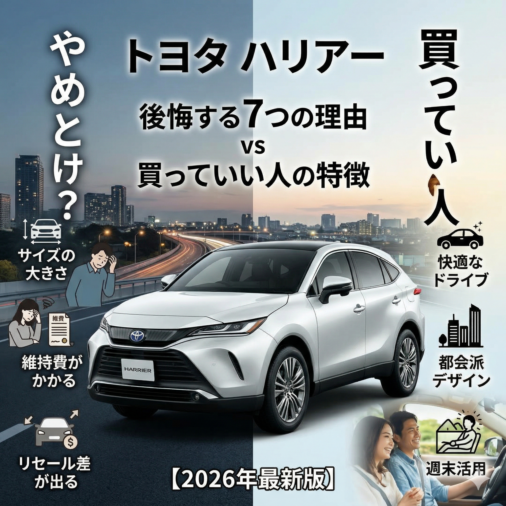 トヨタ・ハリアーの購入を検討している人向けの記事のアイキャッチ画像。画面は中央で左右に分かれ、中央には白いハリアーが配置されています。 上部中央には「トヨタ ハリアー 後悔する7つの理由 vs 買っていい人の特徴」と大きな文字で書かれています。 左側には「やめとけ？」という見出しと共に、デメリットとして「サイズの大きさ」「維持費がかかる（悩む男性と請求書のイラスト）」「リセール差が出る」のアイコンとテキストがあります。 右側には「買っていい人」という見出しと共に、メリットとして「快適なドライブ」「都会派デザイン（高層ビル）」「週末活用（笑顔のカップル）」のアイコンとテキストがあります。 下部中央には「【2026年最新版】」と記載されています。