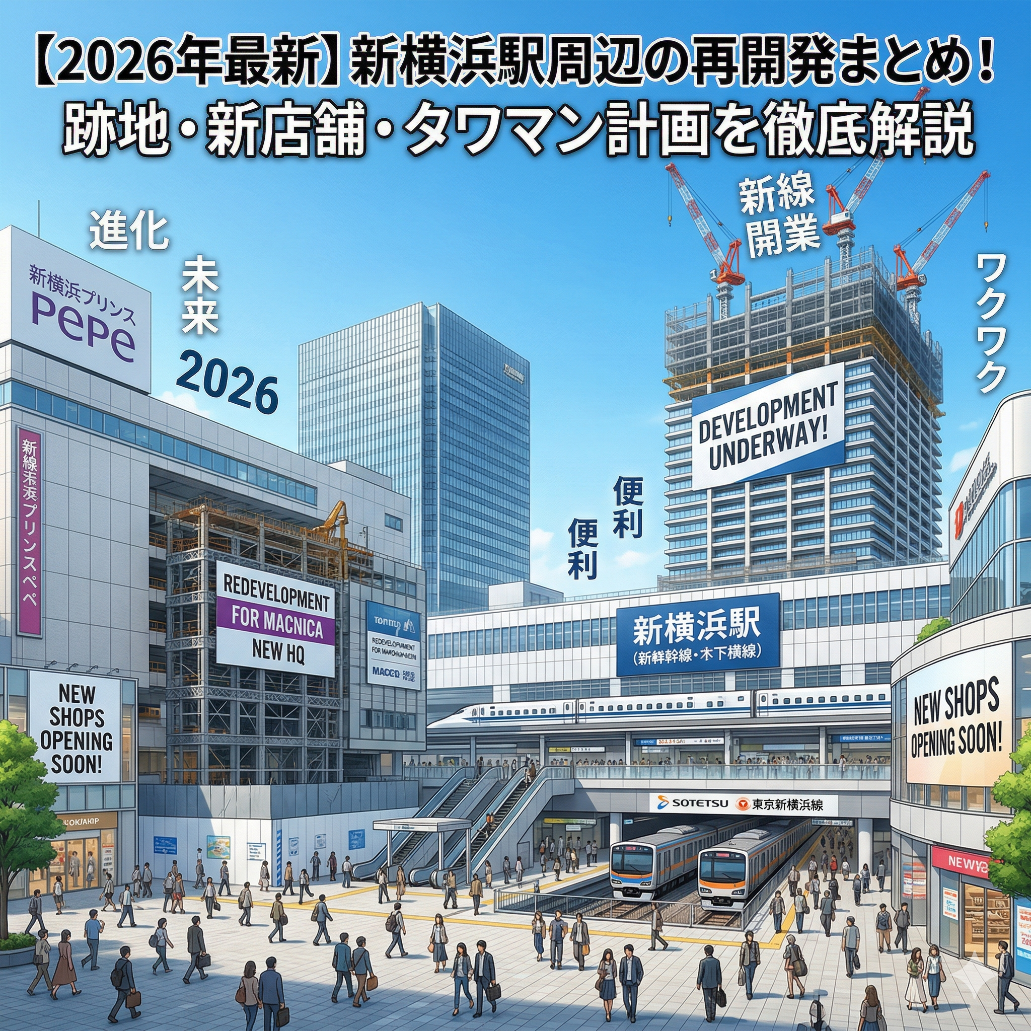 あなたのプロンプト 作成した画像の代替えテキストを作成してください。 Gemini の回答 新横浜駅周辺の再開発をテーマにした記事のアイキャッチ画像です。画像上部には、『【2026年最新】新横浜駅周辺の再開発まとめ！ 跡地・新店舗・タワマン計画を徹底解説』という大きな日本語の見出しテキストがあります。実写のようなリアルなイラストスタイルで、新横浜駅前の広場が俯瞰で描かれています。広場には多くの人々が行き交い、エスカレーター、地下に停車する相鉄線・東急線の車両（『SOTETSU ● 東急新横浜線』のマークあり）、地上を走る東海道新幹線が描かれています。左側には、『新横浜プリンス PEPE』のビルと、工事中の足場に『REDEVELOPMENT FOR MACNICA NEW HQ』の看板がある建物が描かれています。右側には、建設中の巨大なタワーマンションと2台のクレーンがあり、『DEVELOPMENT UNDERWAY!』の大きな英語看板が掲げられています。駅や建設中の建物の周囲には『NEW SHOPS OPENING SOON!』の英語看板も見られます。画像内には『進化 未来 2026』『ワクワク』『便利 便利』といった小さなキーワードが散りばめられ、街が未来に向けて劇的に進化する期待感と活気を表現しています。