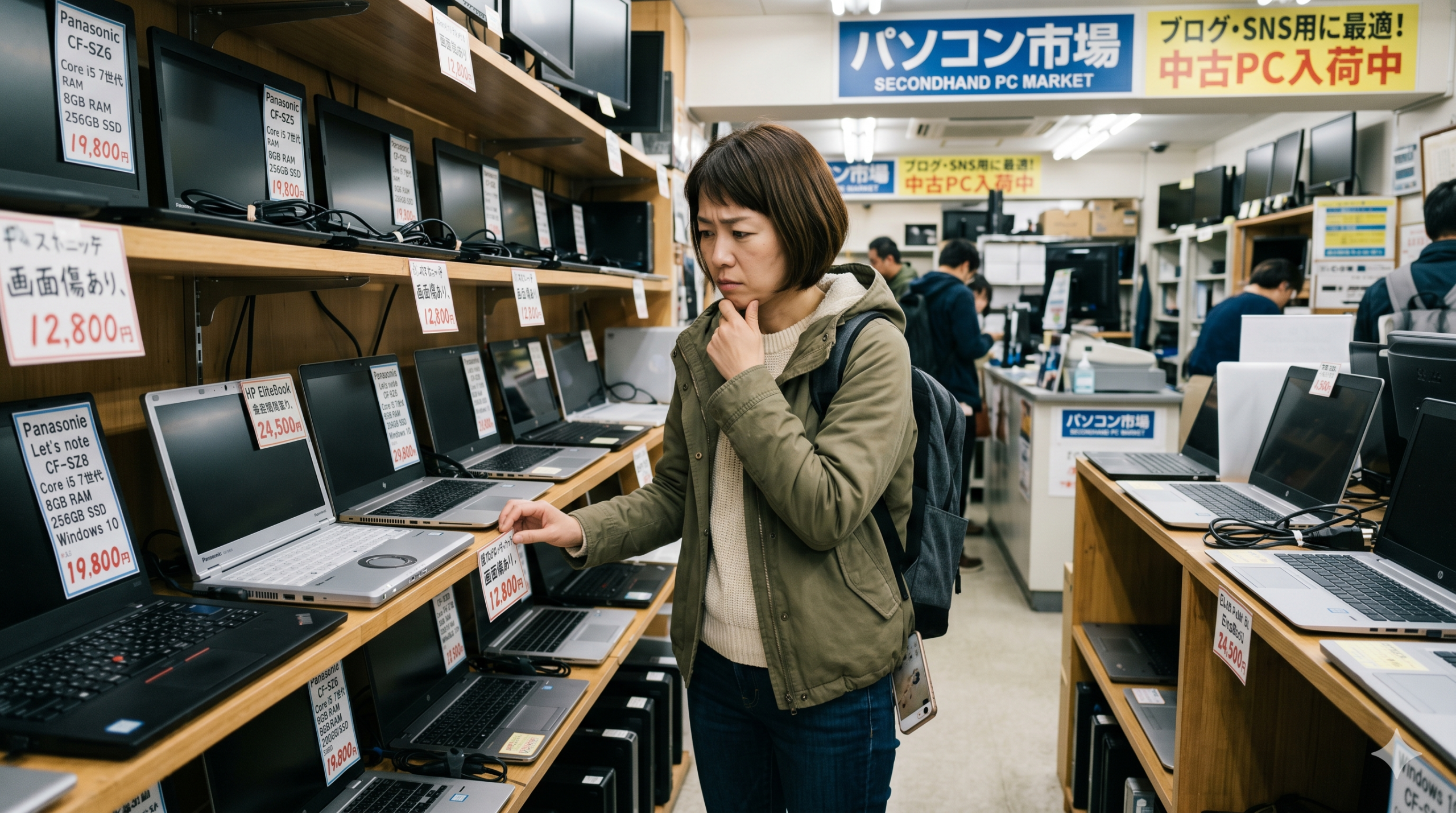 店舗でノートPCを選んでいる女性。