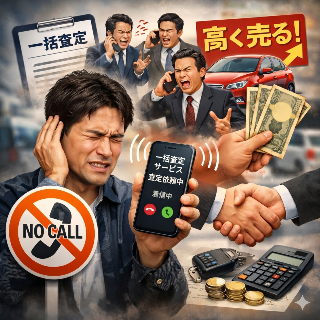 車の一括査定を申し込んだ男性が、しつこい電話にイライラしているイメージ画像