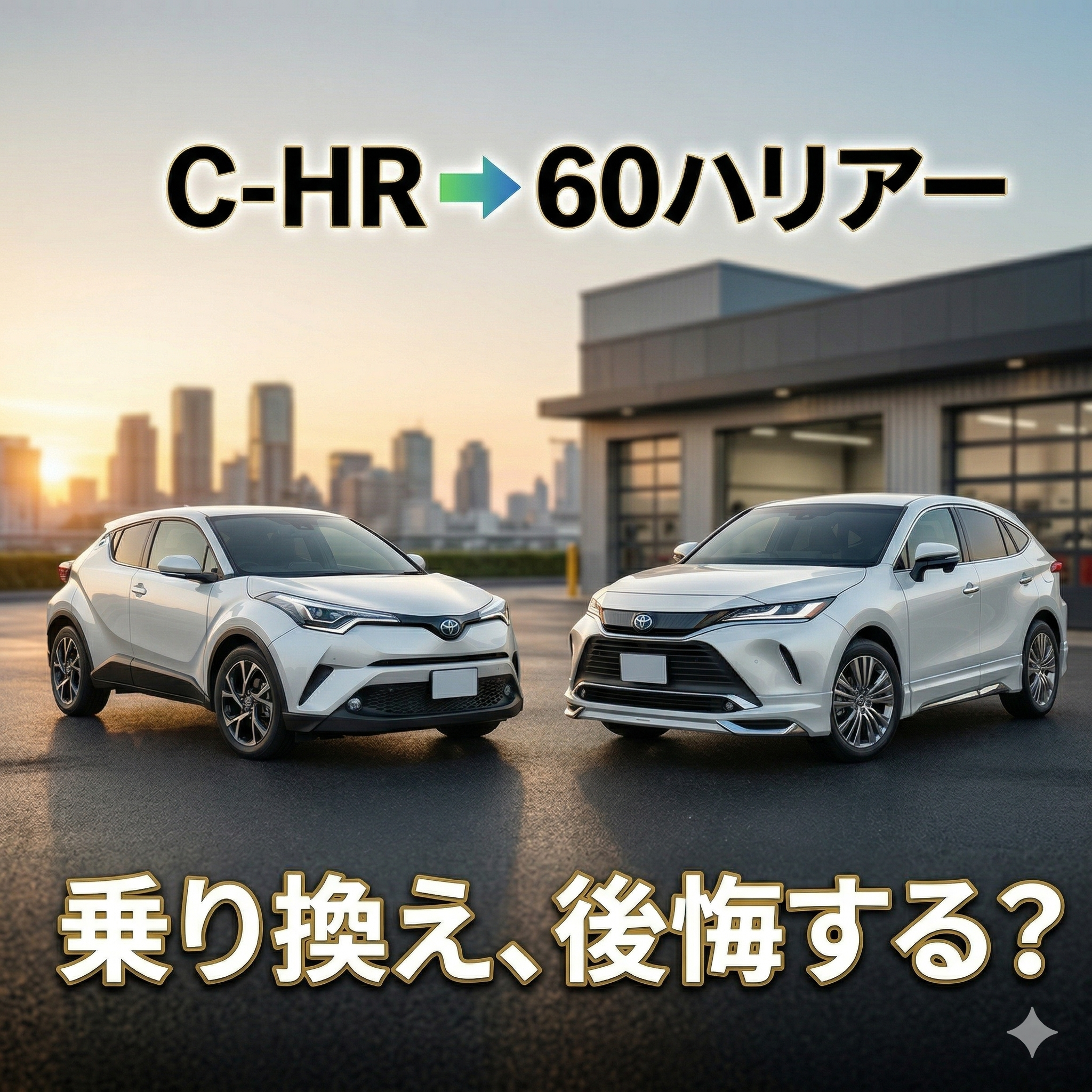 左側に白いトヨタC-HR、右側に白い60系ハリアーが並んで停まっているアイキャッチ画像。上部に「C-HR ➡️ 60ハリアー」、下部に「乗り換え、後悔する？」というテキストが配置されており、背景には夕暮れの都市部とガレージが描かれています。