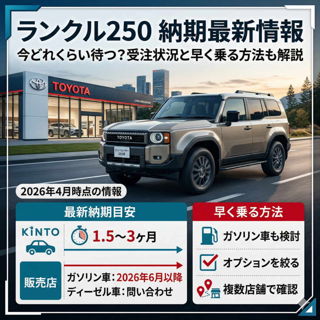 新型ランドクルーザー250(ランクル250)の納期最新情報を伝えるインフォグラフィック画像。タイトルは『ランクル250 納期最新情報』で、中央に車体が描かれている。下部に2026年4月時点の納期目安が表形式でまとめられており、KINTOは『1.5〜3ヶ月』、販売店のガソリン車は『2026年6月以降』、ディーゼル車は『問い合わせ』となっている。また、『早く乗る方法』としてガソリン車検討やオプション絞り込みなどのチェックリストが掲載されている。