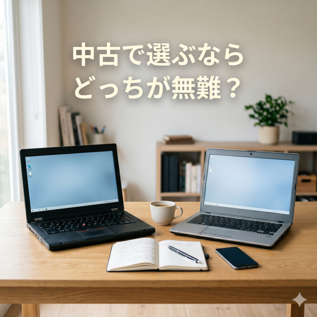 「中古で選ぶなら どっちが無難？」という大きな日本語テキストが上部に配置された、正方形のアイキャッチ画像。明るい室内の木製デスクの上に、メーカーロゴのない2台のビジネスノートPCが並び、比較検討されている。左は堅実な黒系（ThinkPad風）、右は洗練されたグレー系（VersaPro風）。中央には、開いたメモ帳、ペン、コーヒーカップ、スマートフォンが控えめに配置され、検討の空気感を醸し出している。背景は自然光が差し込む整理されたワークスペース。全体的に知的で信頼感のある、リアルで清潔感のあるビジュアル。