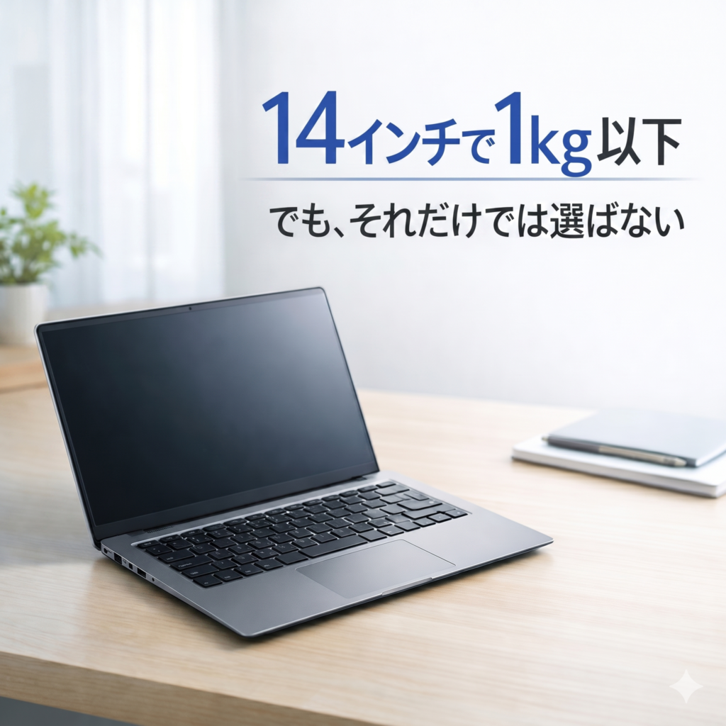 木目のデスクの上に、開いたスリムなラップトップ(シルバー)が置かれている。画像上部には、大きな青いフォントで「14インチで1kg以下」という見出しがあり、その下に黒いフォントで「でも、それだけでは選ばない」というサブタイトルが書かれている。背景には鉢植えの植物と、スタイラスペン付きのタブレットがぼかして写っている。