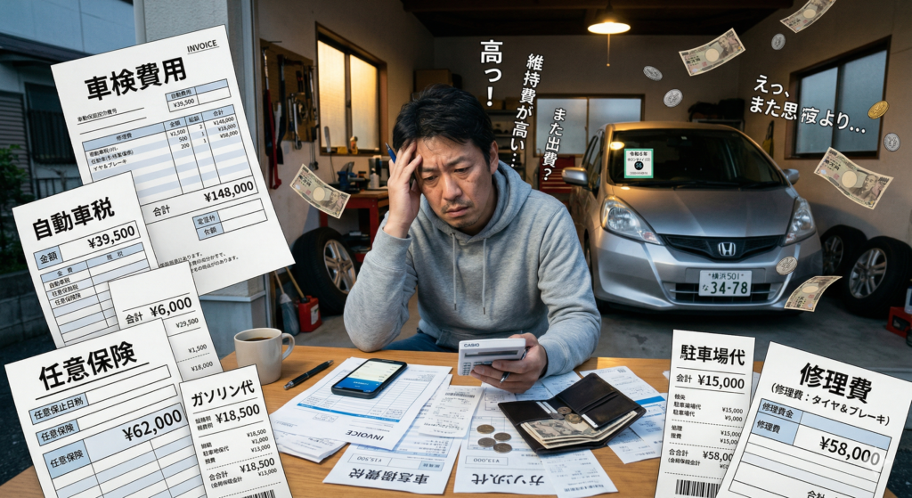 車の維持費が思ったより高いと感じている男性の画像。