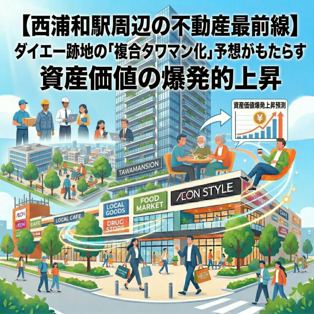 タイトル：【西浦和駅周辺の不動産最前線】ダイエー跡地の「複合タワマン化」予想がもたらす資産価値の爆発的上昇と書かれた、タワマン・店舗のが描かれている画像。