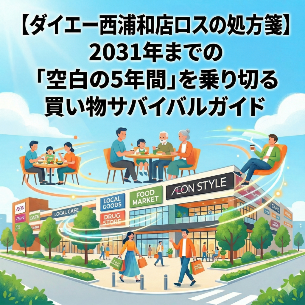 記事タイトル「【ダイエー西浦和店ロスの処方箋】2031年までの「空白の5年間」を乗り切る買い物サバイバルガイド」と書かれているイラスト画像。