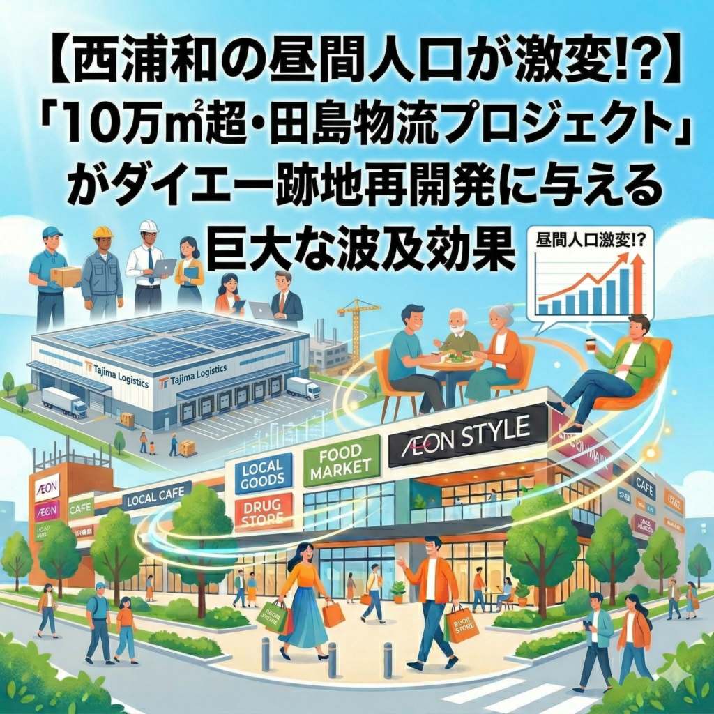 タイトル「【西浦和の昼間人口が激変!?】「10万㎡超・田島物流プロジェクト」がダイエー跡地再開発に与える巨大な波及効果」と書かれている、物流倉庫・店舗が描かれている画像。