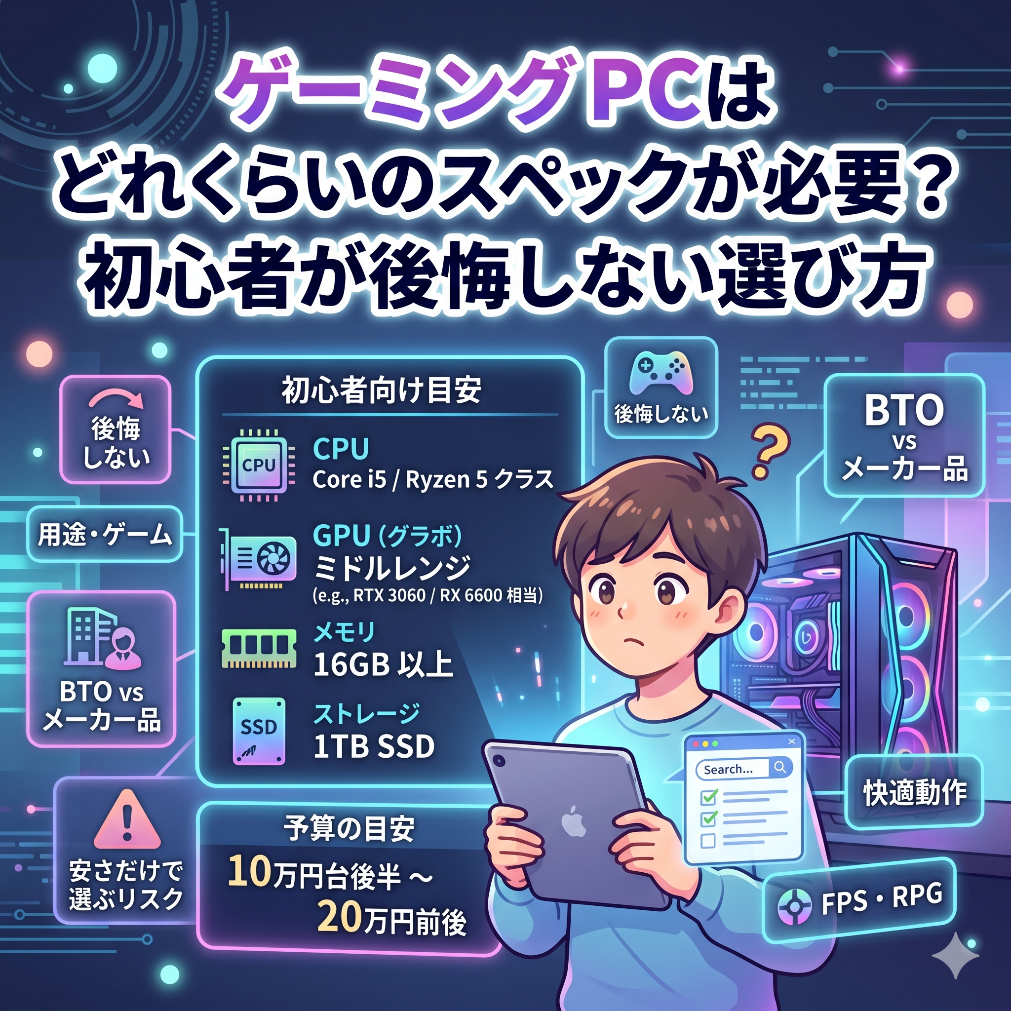 記事タイトル「ゲーミングPCはどれくらいのスペックが必要？初心者が後悔しない選び方」と、初心者向けの推奨スペック（CPU、GPU、メモリ、SSD）および予算目安（10万円台後半〜20万円前後）をまとめたインフォグラフィック。