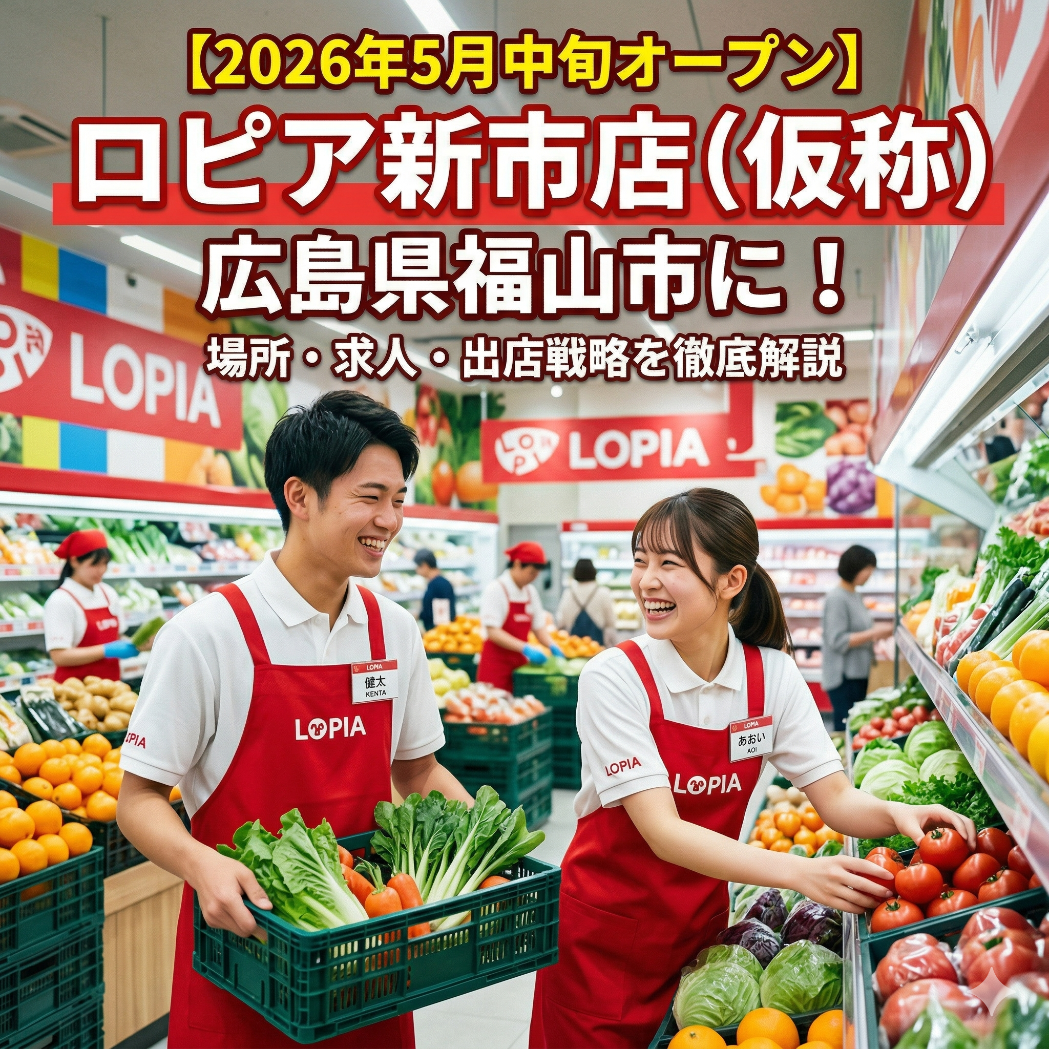 ロピアの新店舗で生き生きと働く若い男女をイメージした画像。