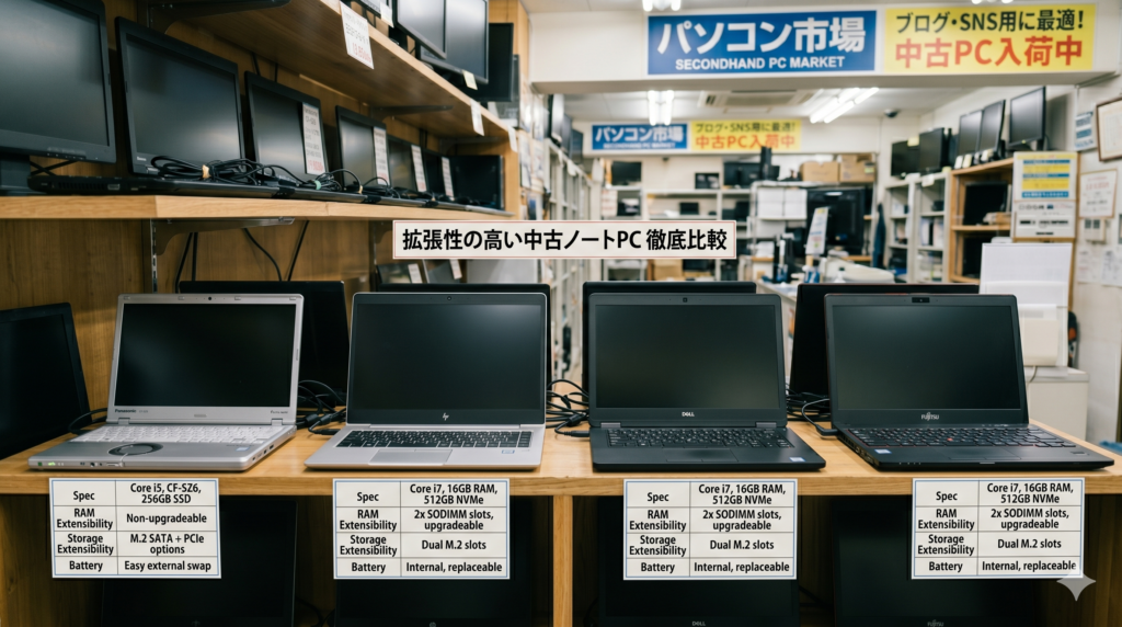 拡張性の高い中古ノートPC比較をイメージさせる画像。ノートPCが複数並ぶ比較系の画像。人物はなしで正面から見た画像
