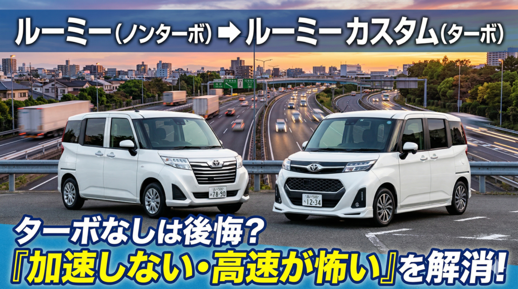 左側に白い標準仕様のルーミー（ノンターボ）、右側に白いルーミーカスタム（ターボ）が並んで停まっているアイキャッチ画像。画像上部には「ルーミー (ノンターボ) ➡️ ルーミー カスタム (ターボ)」、下部には「ターボなしは後悔？『加速しない・高速が怖い』を解消！」というテキストが配置されており、背景には夕暮れの高速道路と街の合流地点が描かれています。