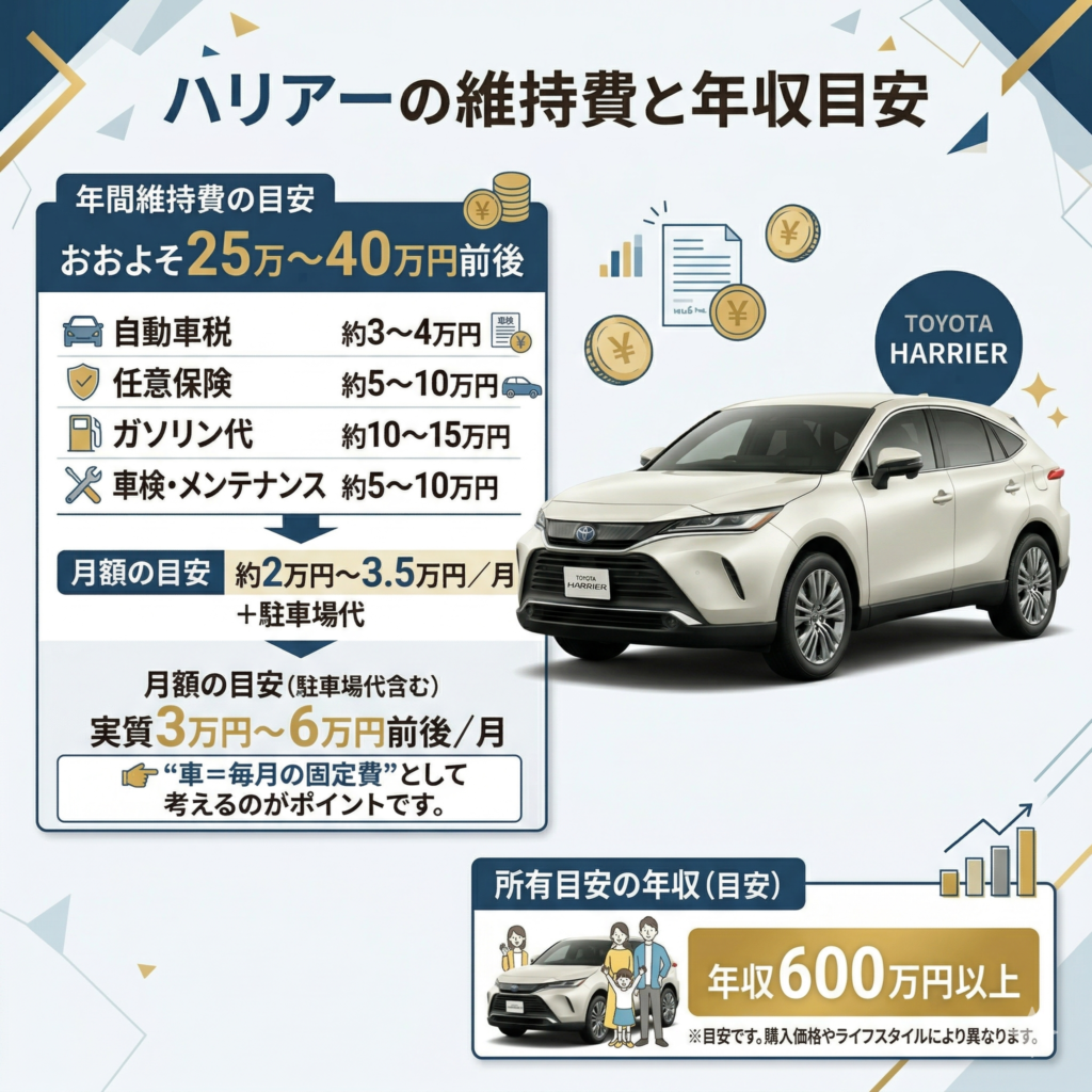 ハリアーの維持費と年収目安を解説している画像。