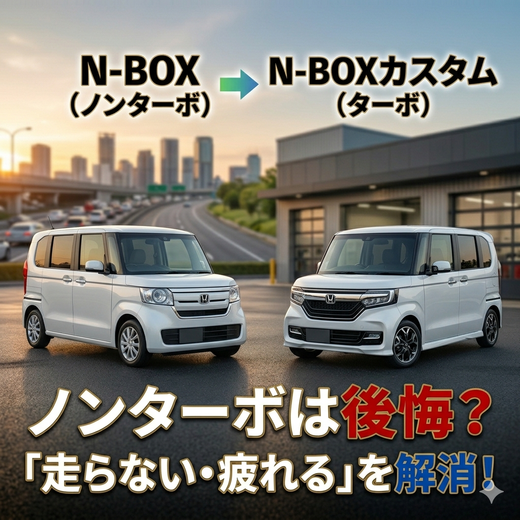 左側に白い標準仕様のN-BOX(ノンターボ)、右側に白いN-BOXカスタム(ターボ)が並んで停まっているアイキャッチ画像。画像上部には「N-BOX(ノンターボ) ➡️ N-BOXカスタム(ターボ)」、下部には「ノンターボは後悔?『走らない・疲れる』を解消!」というテキストが配置されており、背景には夕暮れの高速道路とガレージが描かれています。