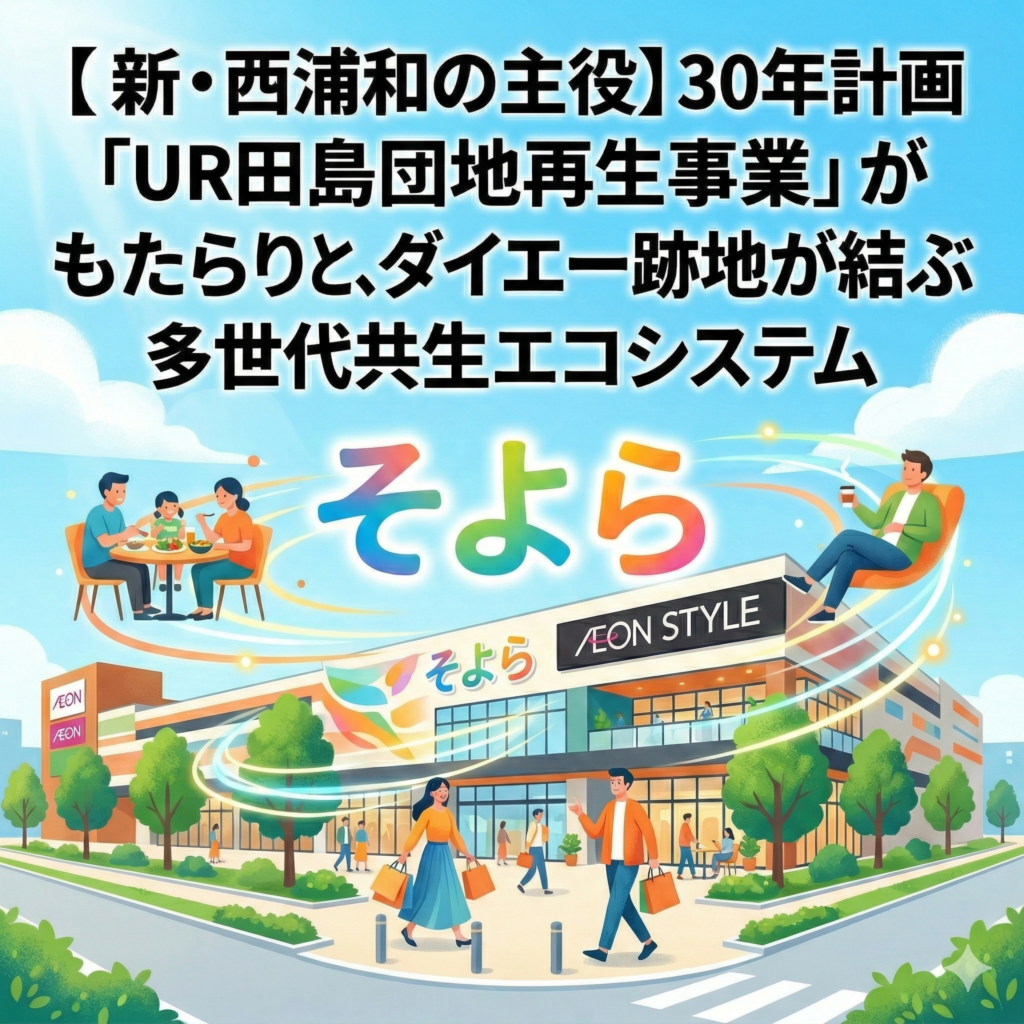 記事タイトル「【新・西浦和の主役】30年計画「UR田島団地再生事業」がもたらす若返りと、ダイエー跡地が結ぶ多世代共生エコシステム」が書いてあるイラスト画像。