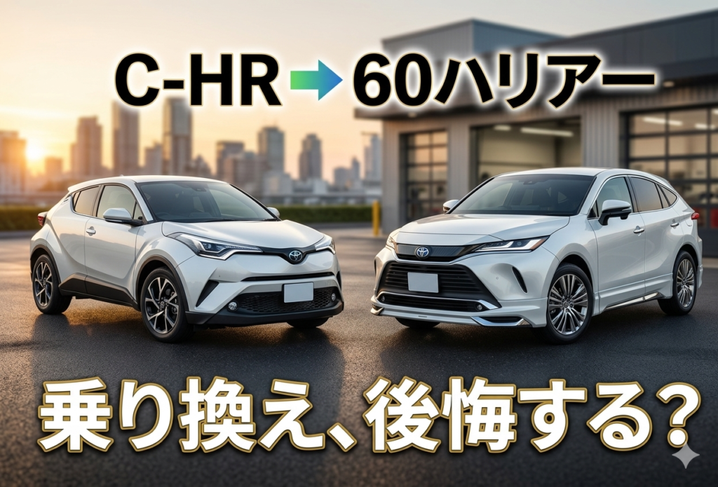 左側に白いトヨタC-HR、右側に白い60系ハリアーが並んで停まっているアイキャッチ画像。上部に「C-HR ➡️ 60ハリアー」、下部に「乗り換え、後悔する？」というテキストが配置されており、背景には夕暮れの都市部とガレージが描かれています。