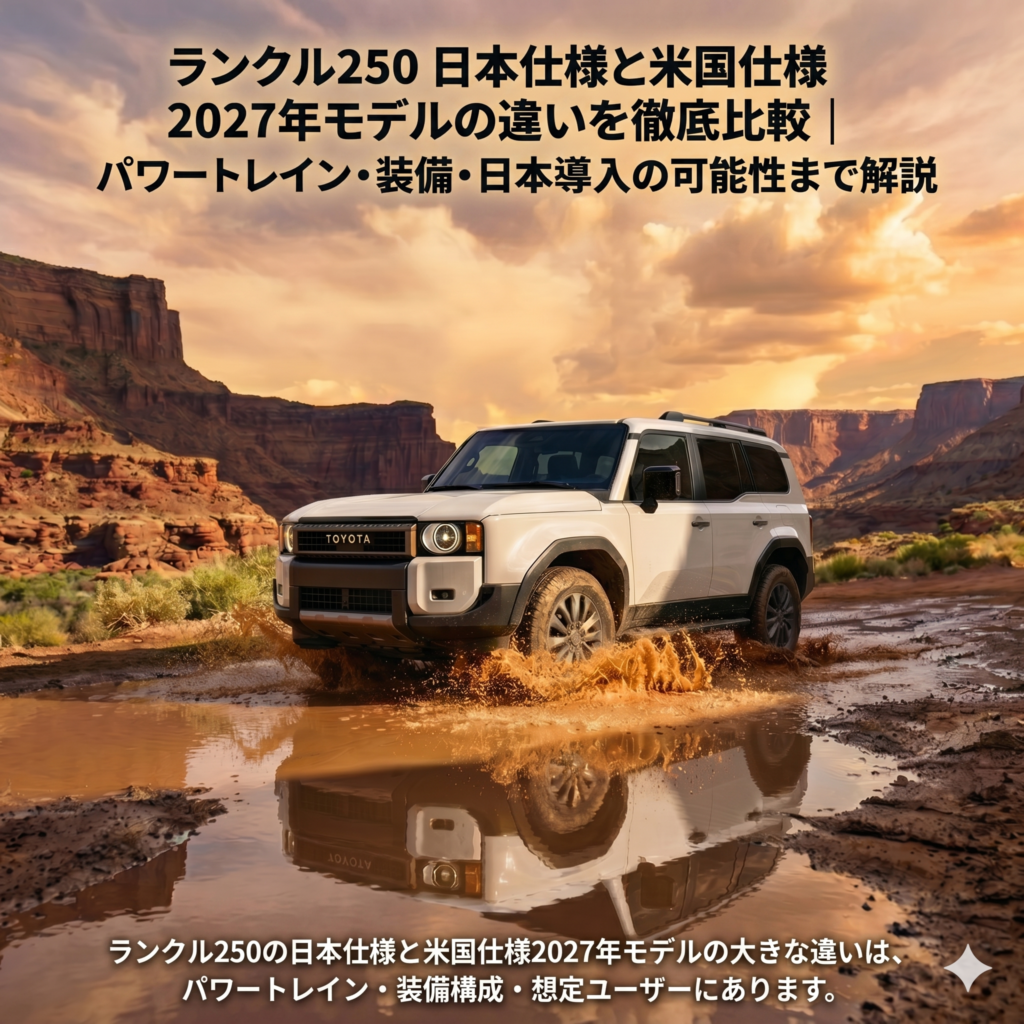 「ランクル250 日本仕様と米国仕様2027年モデルの違いを徹底比較|パワートレイン・装備・日本導入の可能性まで解説」というテキストが上部に大きく表示された、白いトヨタ ランドクルーザー250が砂漠の峡谷で泥だらけの水たまりを走る画像。泥が跳ね上がり、水面に車と背景の壮大な岩山の反射が鮮明に映っている。下部には、「ランクル250の日本仕様と米国仕様2027年モデルの大きな違いは、パワートレイン・装備構成・想定ユーザーにあります。」という説明テキストが記載されている。