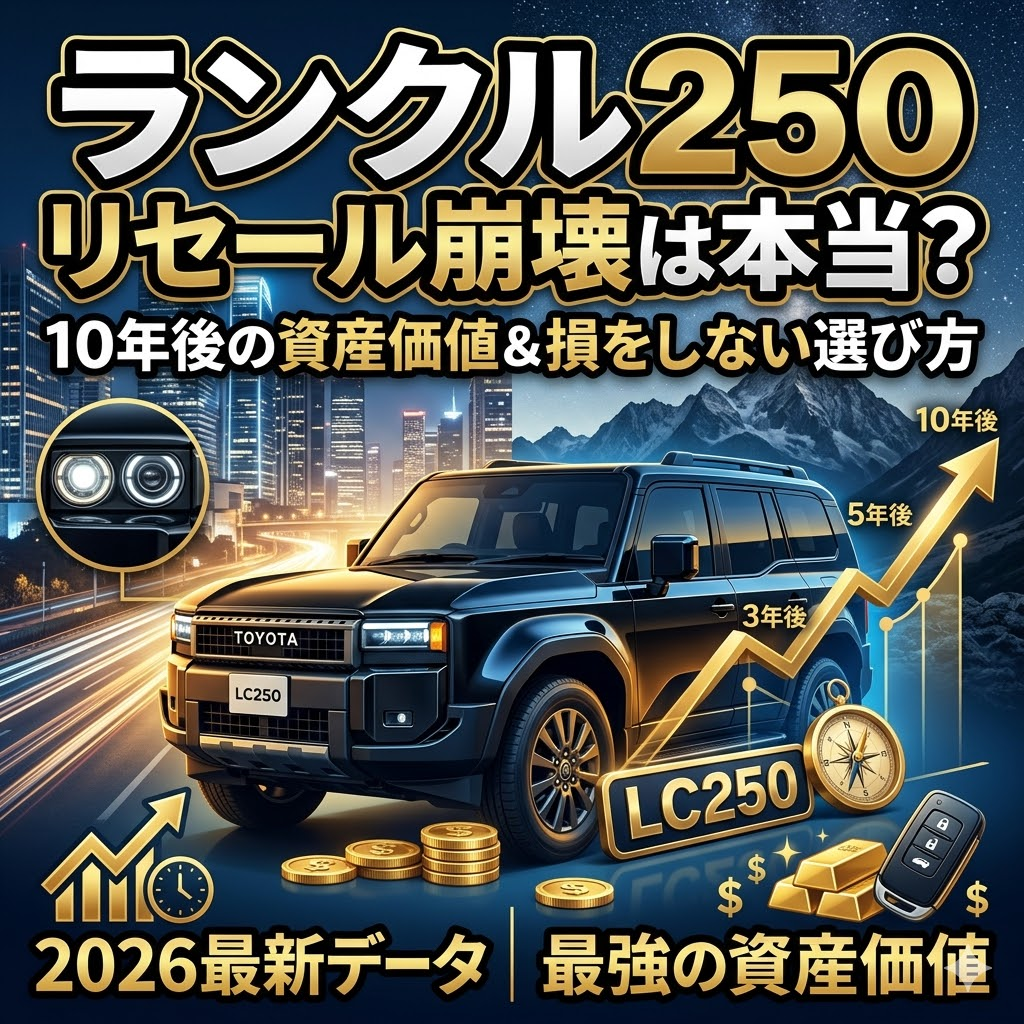 中央に黒いトヨタ ランドクルーザー 250 (LC250) が、夜の都市と山の背景に配置されている。上部には「ランクル250 リセール崩壊は本当?」、「10年後の資産価値&損をしない選び方」という大きなテキストが配置されている。左上には丸目ヘッドライトの拡大インセット、右側には上昇する金の折れ線グラフ(3年後、5年後、10年後)、金貨、金インゴット、羅針盤、キーフォブが描かれている。下部には「2026最新データ」、「最強の資産価値」というテキストがある。