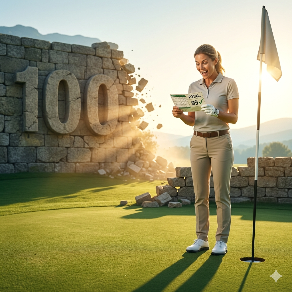夕暮れのゴルフコースで、女性ゴルファーが「TOTAL: 99」と書かれたスコアカードを手に、驚きと喜びの表情を浮かべている。彼女の後ろでは、「100」の文字が刻まれた巨大な石の壁が劇的に崩壊しており、ゴルフの「100の壁」を突破した瞬間を象徴的に描いている。