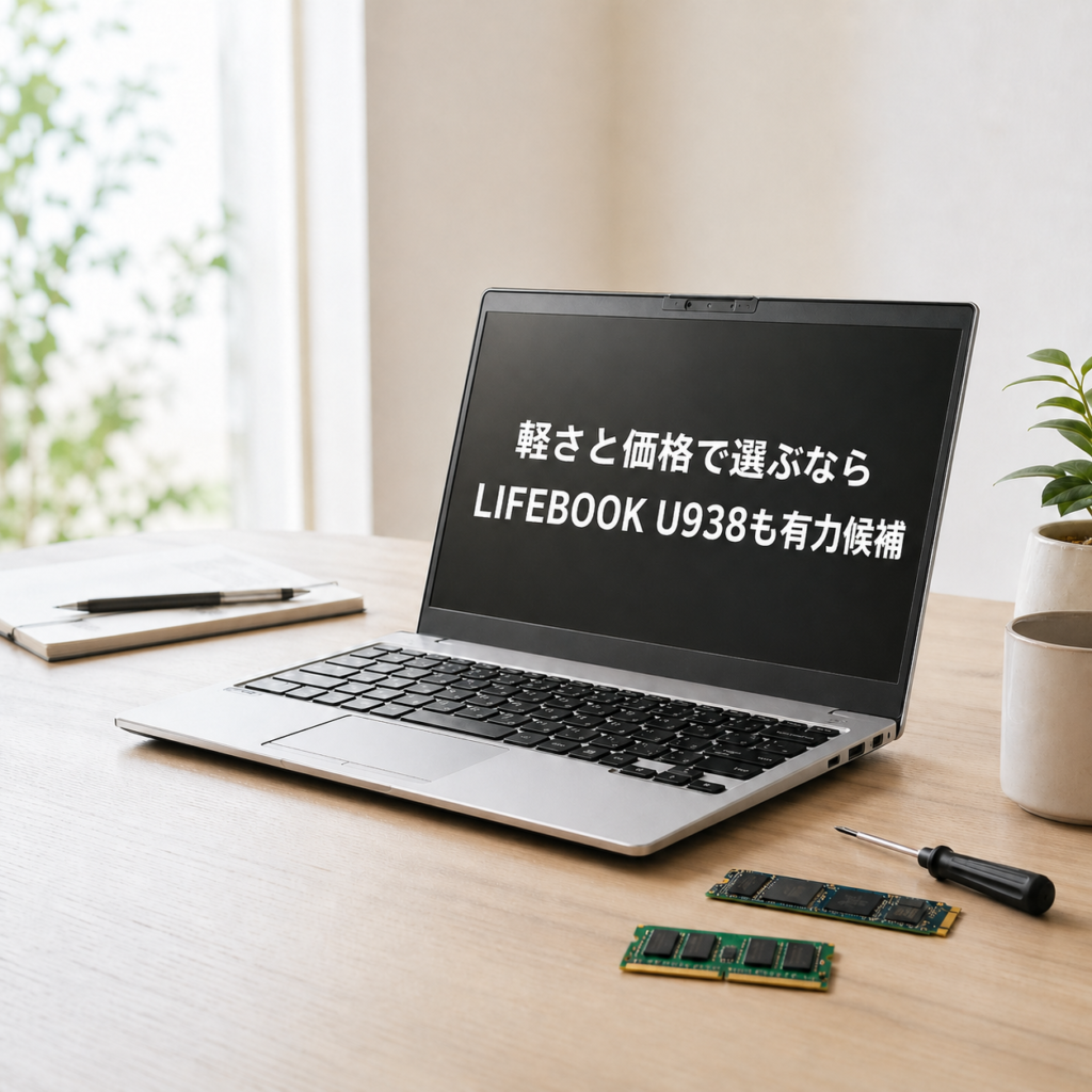 メモリやSSDの増設・換装をイメージした中古ノートパソコンと部品が置かれたデスクのアイキャッチ画像
パソコン画面に、軽さと価格で選ぶならLIFEBOOK U938も有力候補と書かれている。