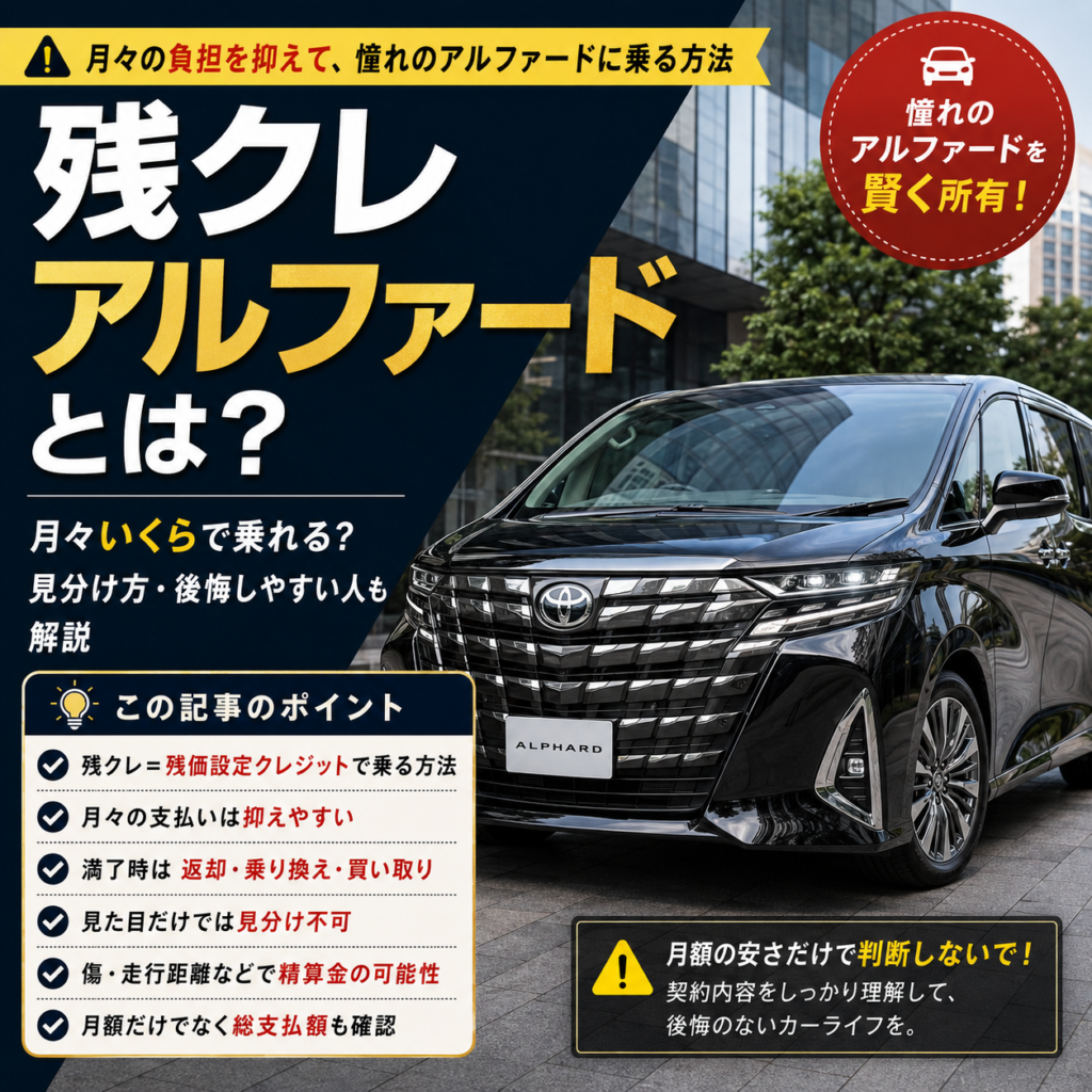 残クレアルファードとは何かを解説する記事のアイキャッチ画像。黒い最新型アルファードと、月々の支払い・返却条件・精算金・総支払額の確認ポイントを示したデザイン。