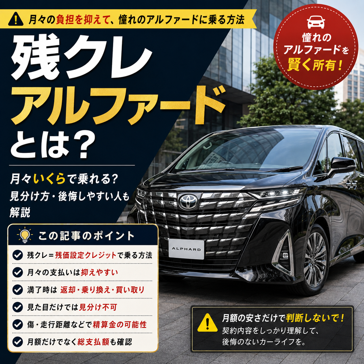 残クレアルファードとは何かを解説する記事のアイキャッチ画像。黒い最新型アルファードと、月々の支払い・返却条件・精算金・総支払額の確認ポイントを示したデザイン。