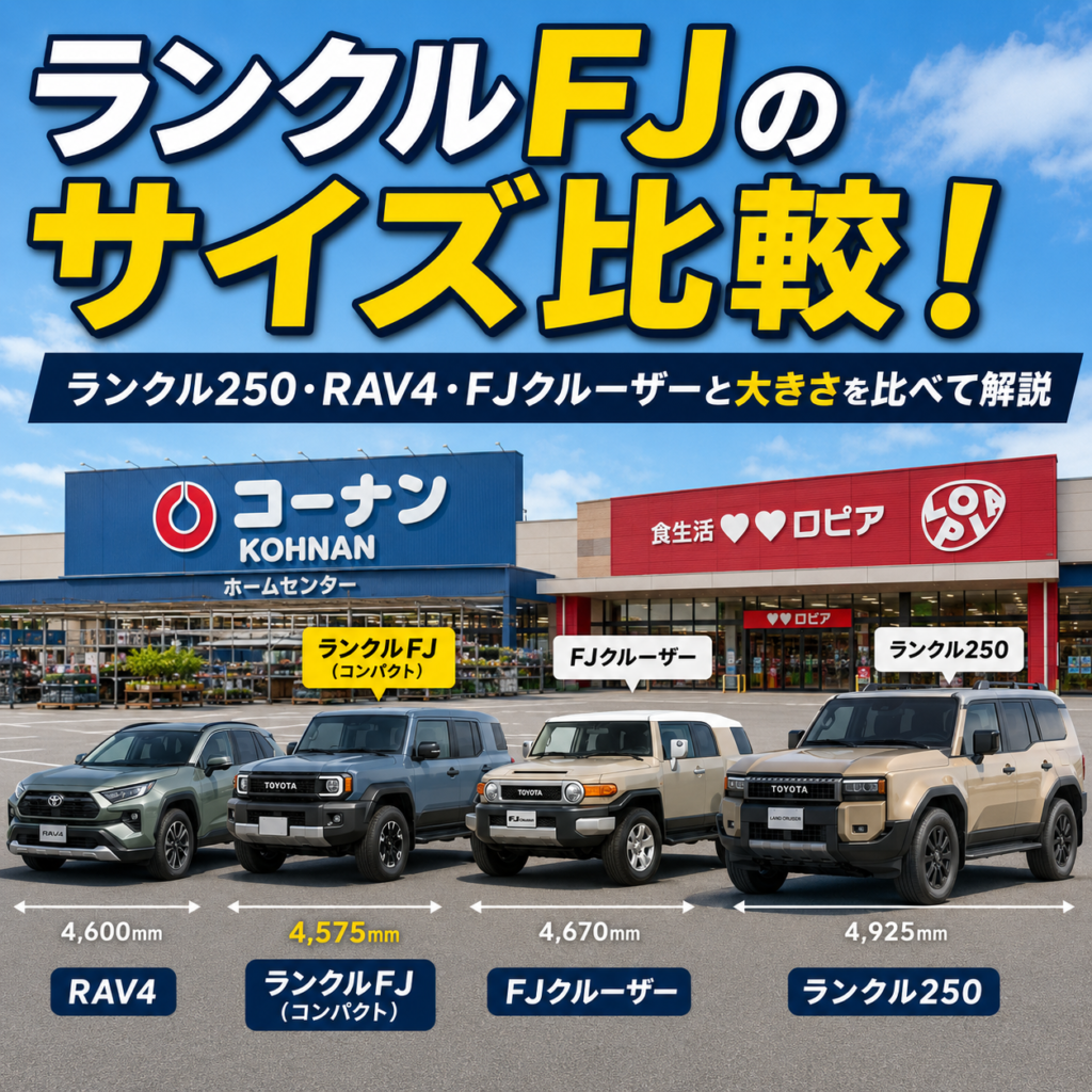 ランクルFJ、ランクル250、RAV4、FJクルーザーのサイズ比較を、コーナン併設のロピアを背景に並べたアイキャッチ画像。各車の全長が表示され、ランクルFJの大きさがひと目でわかるデザイン。