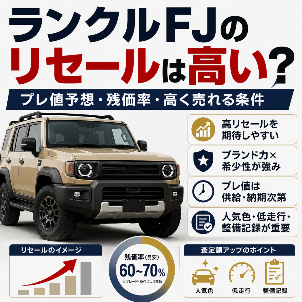 ランクルFJのリセール予想を解説するアイキャッチ画像。ベージュ系のSUVとともに、高リセールを期待しやすい理由、プレ値予想、残価率、高く売れる条件として人気色・低走行・整備記録の重要性を示している。